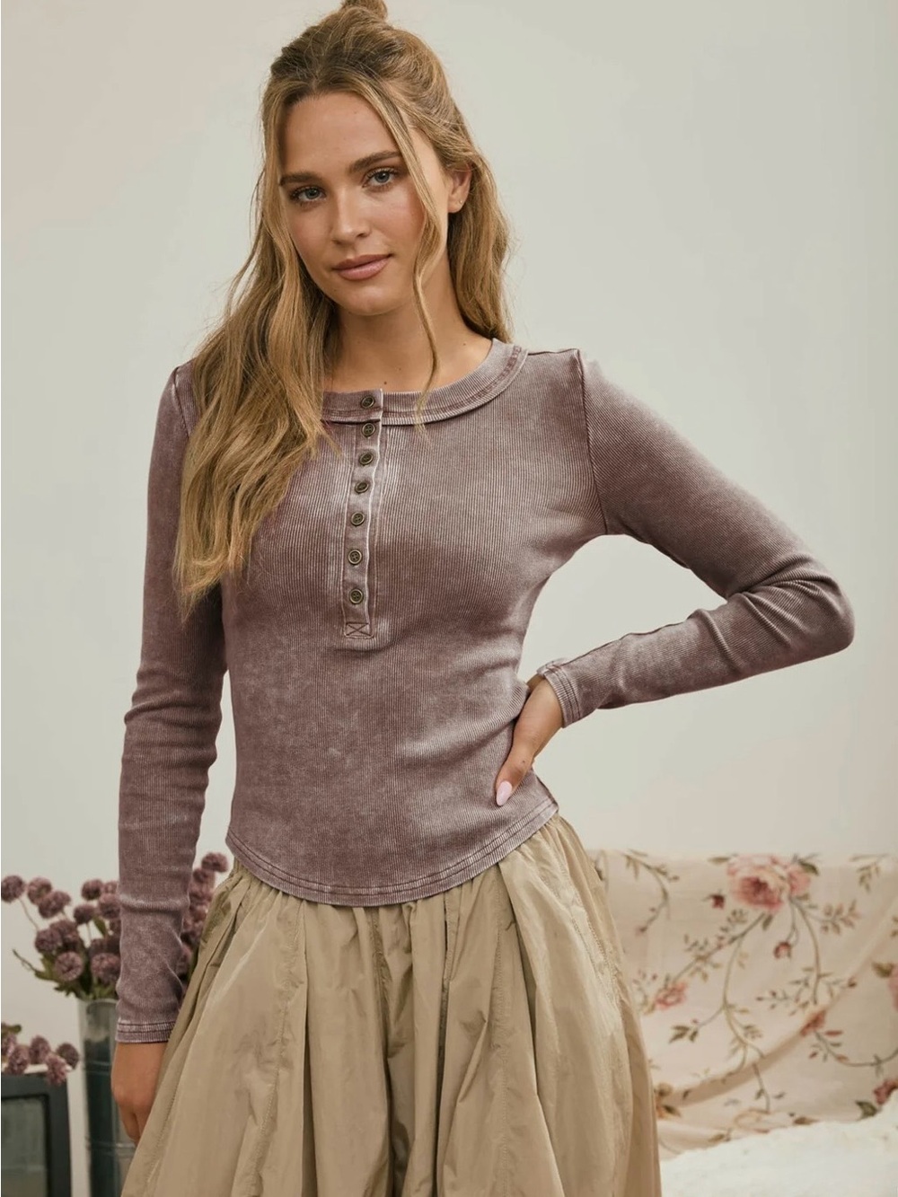 Washed Mocha Henley Long Sleeve Henley